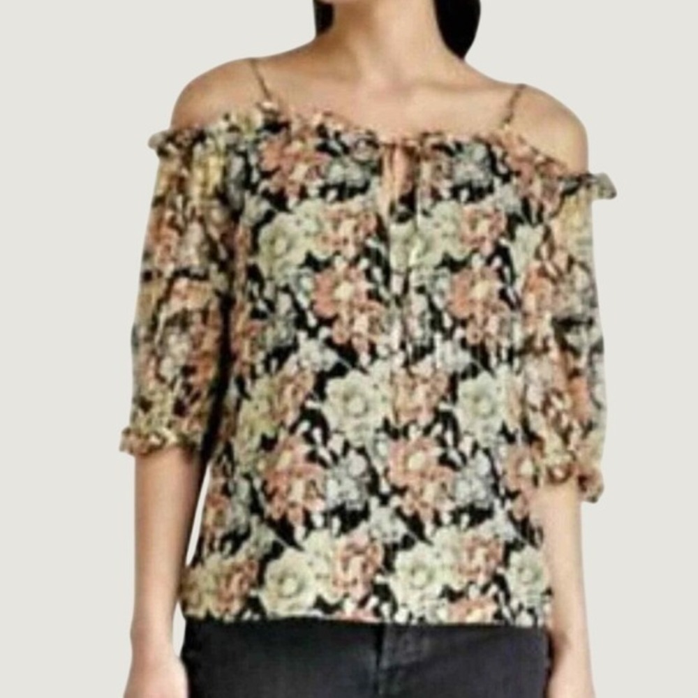 The Kooples Women's Cold Shoulder Metallic Silk Blouse Floral Print Sz 1